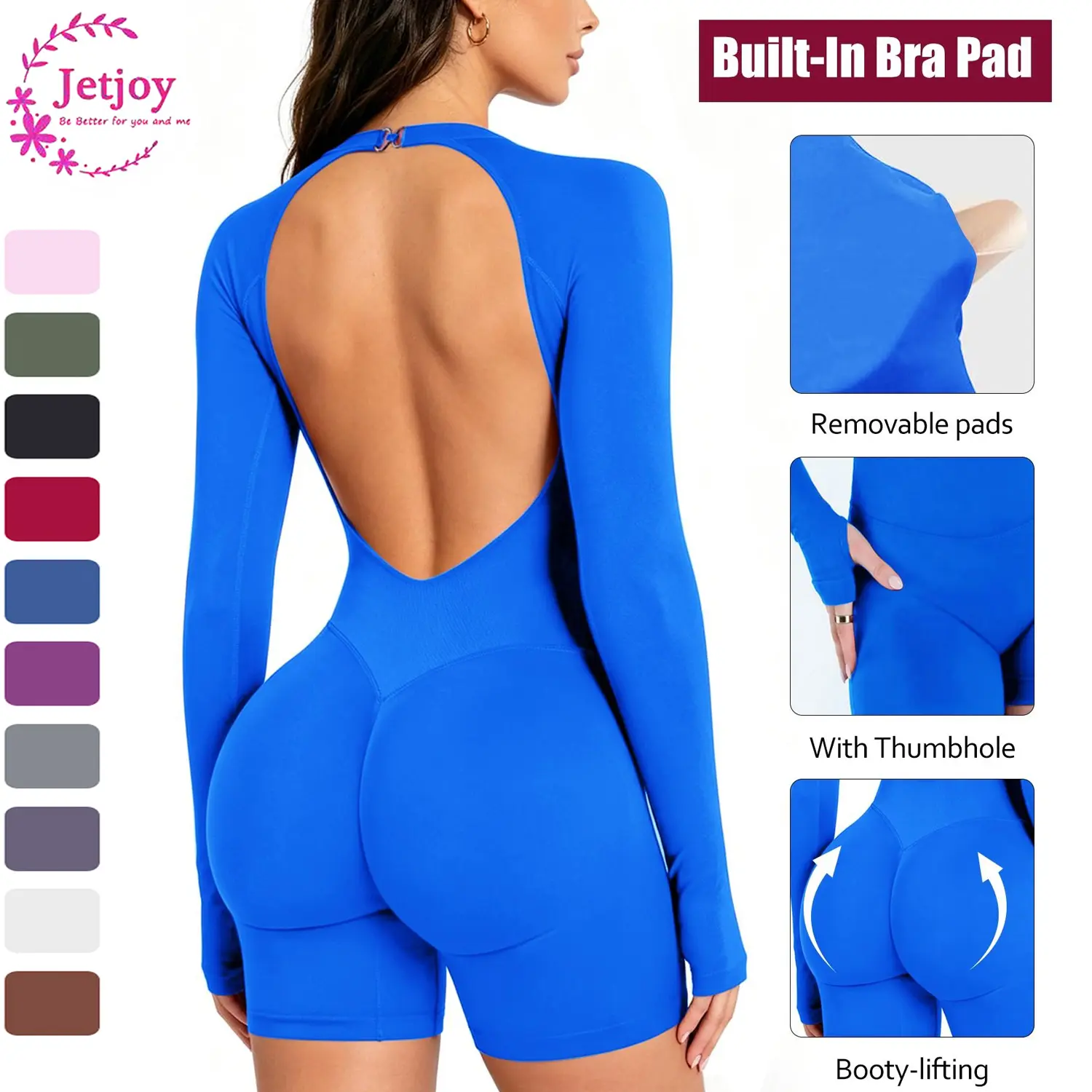 Jetjoy Seamless Long Sleeve Backless Romper, Built-in Sports Removable Pad Seamless Jumpsuit Tummy Control Romper for Women Workout Yoga Gym Seamless One Piece Jumpsuit Tummy Control Gym Shorts for Women, Workout Yoga Gym Seamless One Piece