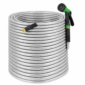 Garvee 150FT Heavy Duty Stainless Steel Garden Hose – Flexible, Kink-Free Metal Water Hose with 10-Function Leak-Proof Spray Nozzle, Sturdy Brass 3/4'' Connectors – 150FT – US Standard