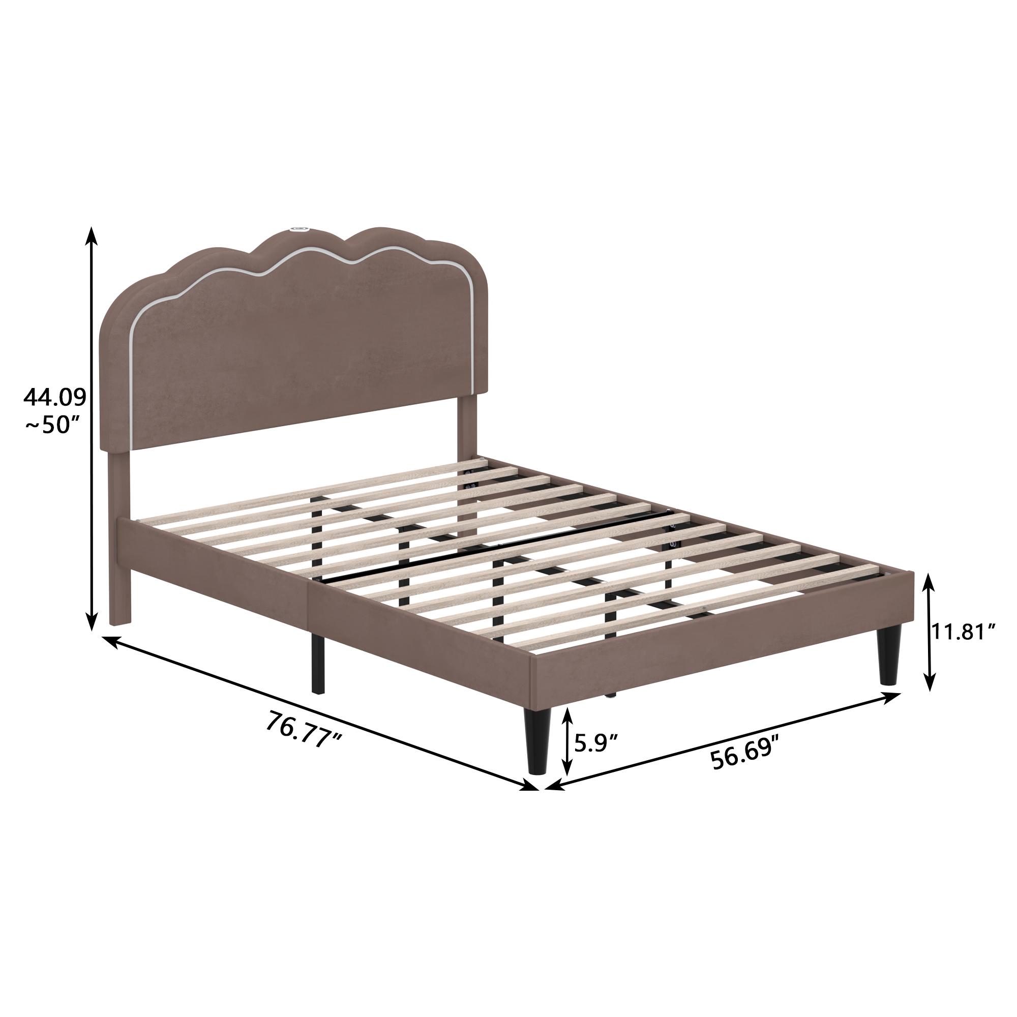 VECELO Adjustable Height Queen Full Twin Size Frame LED Light Charging Station Upholstered  Velvet Headboard Platform Multifunctionalbed Heavy-Duty Wood Slats adjustable headboard led light