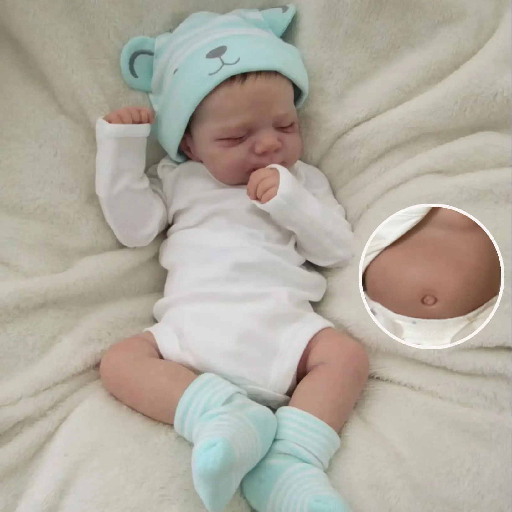 18-in Full Body Vinyl Soft Doll Set, Hand-Painted Lifelike Newborn Girl Doll with Closed Eyes, White Outfit, Cuddly Collectible Toy Gift for Ages 3+, Soft Dolls