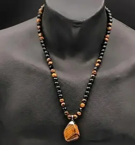 Stone Necklace Natural Tiger's Eye & Black Obsidian Geometric Pendant Adjustable Beaded Necklace for Men Women Daily Wear Jewelry Gifts