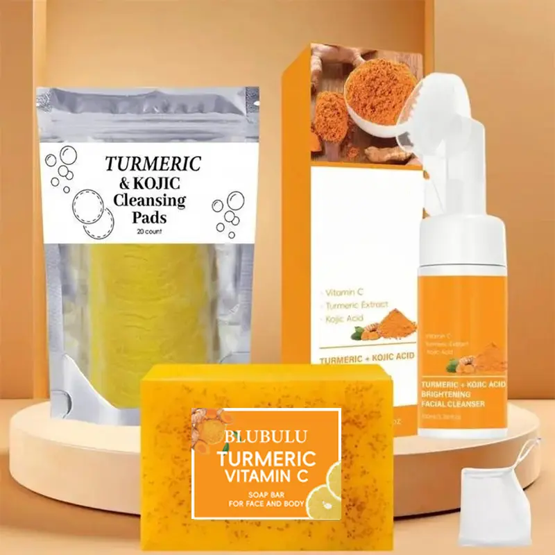 TURMERIC & KOJIC Turmeric Soap & Cleansing Pad & MousseCleanser Set, 3 Counts/set Deep Cleansing &Nourishing Skin Care Kit for Women & Men AI!Skin Types,Christmas,Christmas Gift