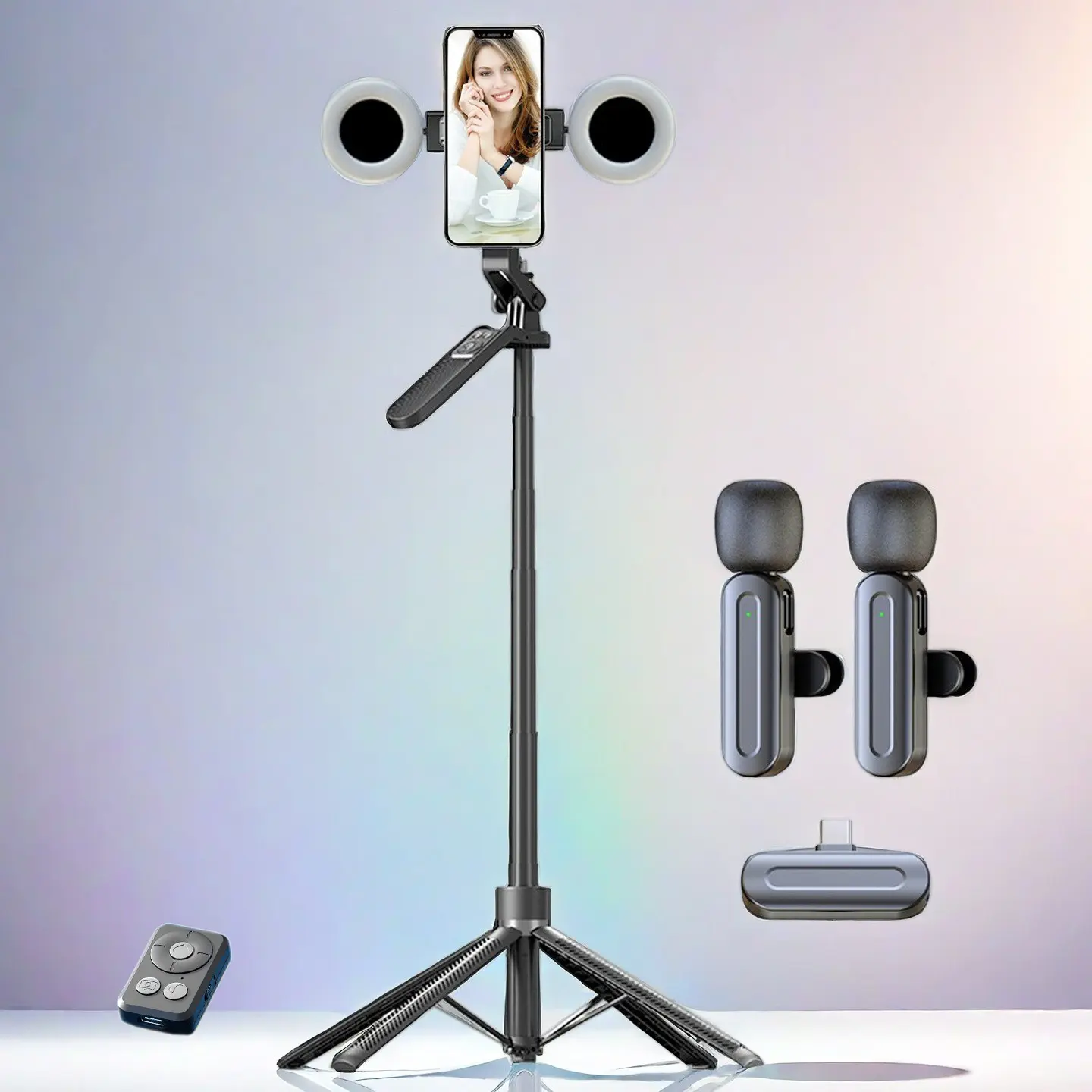 5-In-1 Vlog Shooting Kit, 70-Inch Selfie Stick/tripod, Wireless Dual Lavalier Mic, Lightbox, Remote, Tiktok Creator Essential Set, Vlogging Kit, Smartphone Camera Accessories