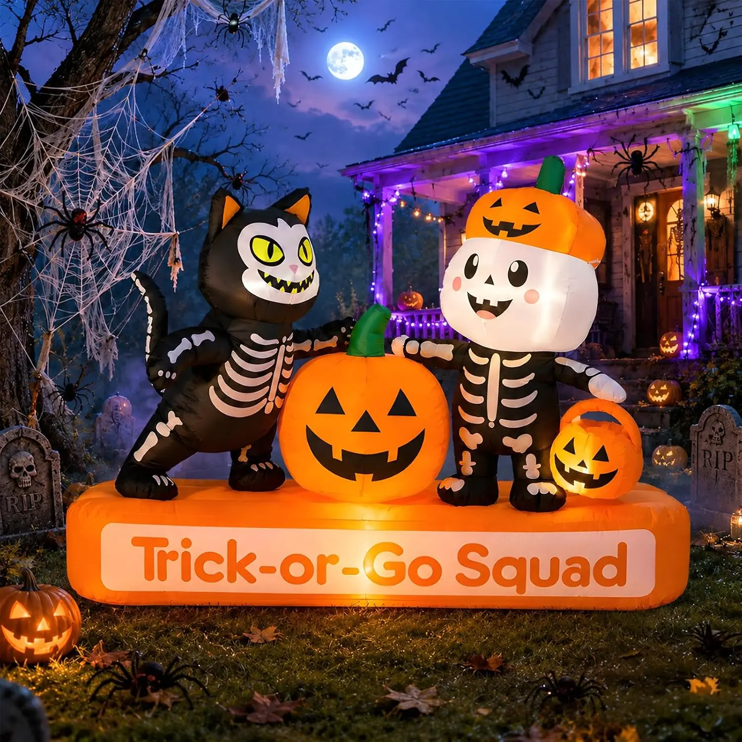 7ft Halloween Inflatable Trick-or-Treat Squad - with Skeleton, Black Cat, Built-in LEDs - Cute Blow Up Ornament for Porch, Lawn
