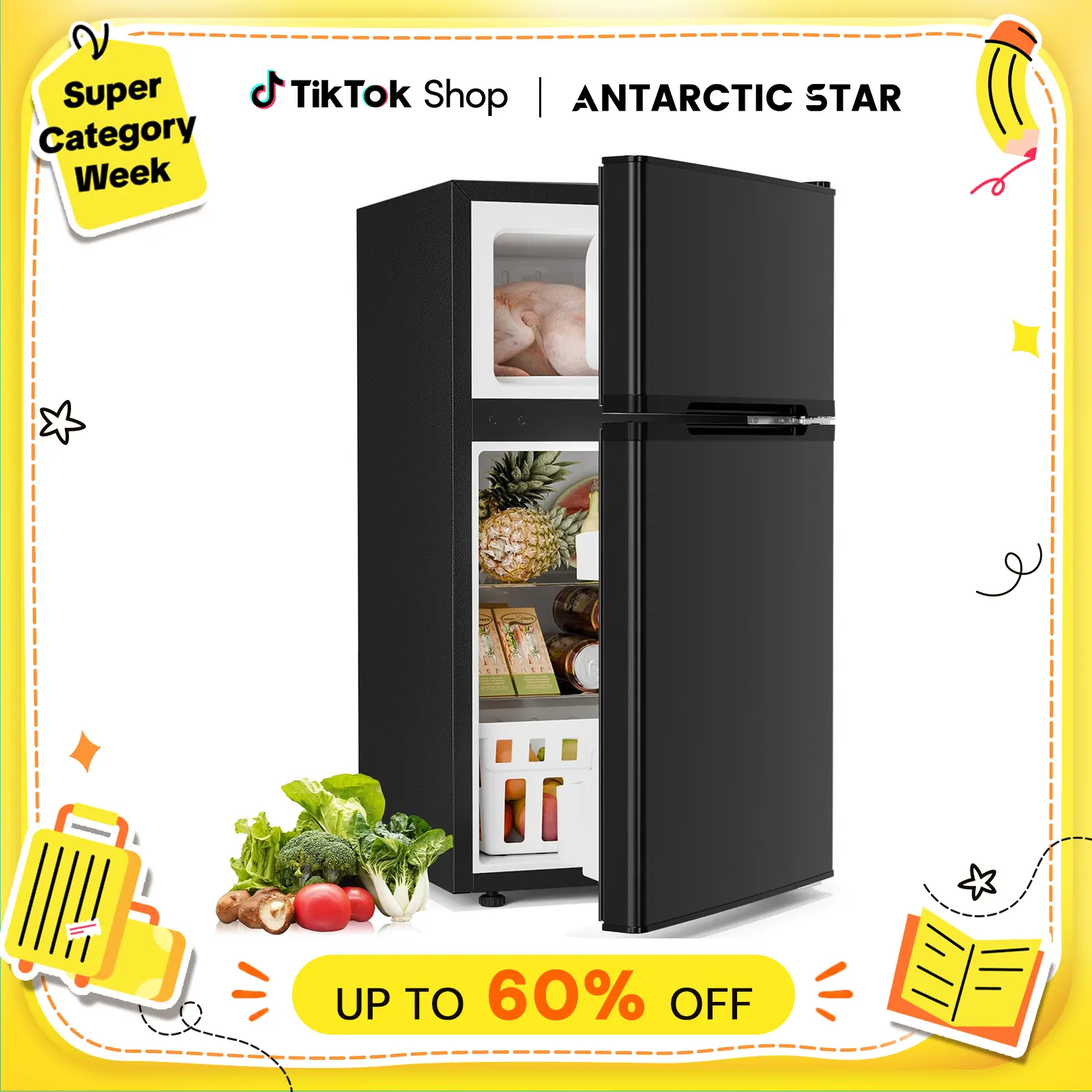 【BackToSchool】Antarctic Star 3.2 Cu.Ft. Mini Refrigerator with Freezer, Double Door Compact Fridge with Adjustable Removable Shelves, for Dorm/Apartment/Office/Basement tiktokshopbacktoschool,back to school,back to school haul