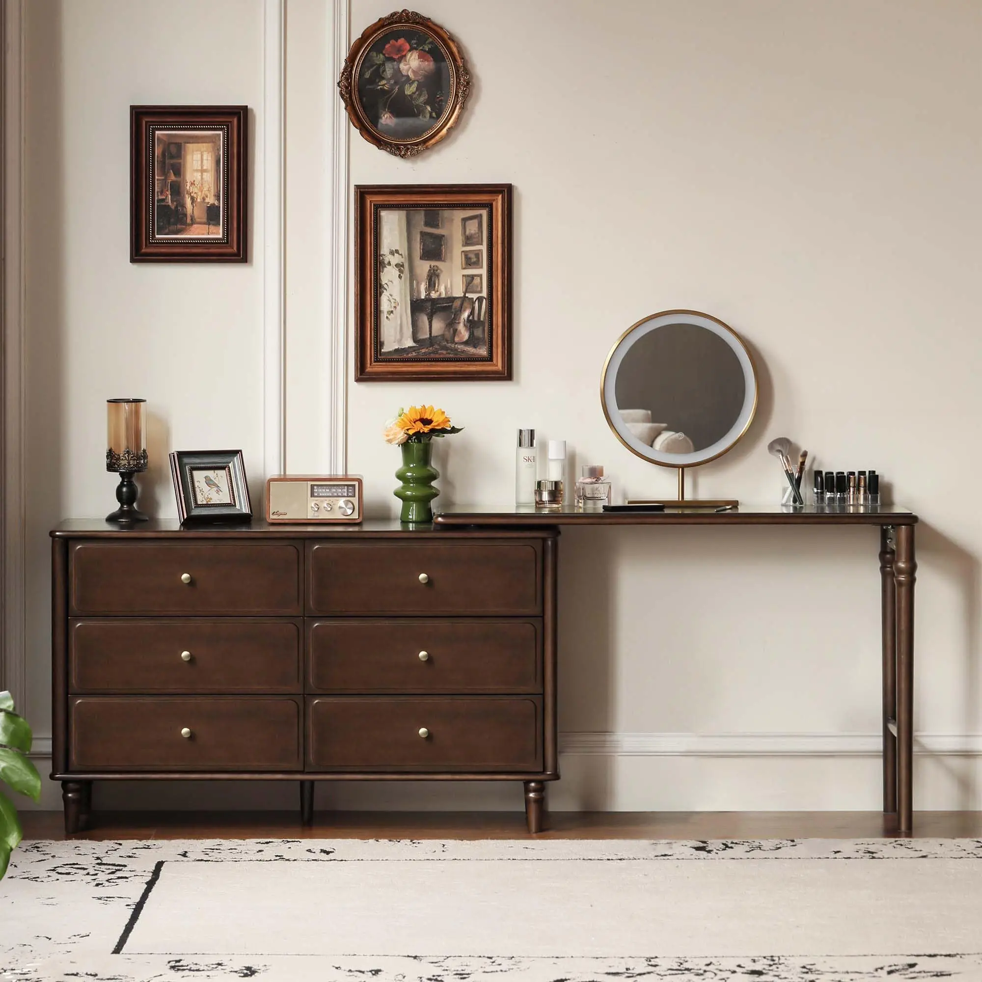 YESWOOD Large Vanity Desk with 6 Storage Dresser, Poplar Wood Adjustale Makeup Table for Girls, Vanity Set for Bedroom, Living Room, 97" D x 16" W x 31" H（no Chair no Mirror）