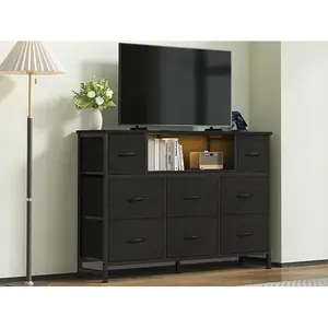 31.5" Tall Entryway Storage Dresser with 8 Fabric Drawers | LED Lighted Console Table with Power Outlets, USB/Type-C, Multi-Color Ambiance for Hallway/Entry Organization