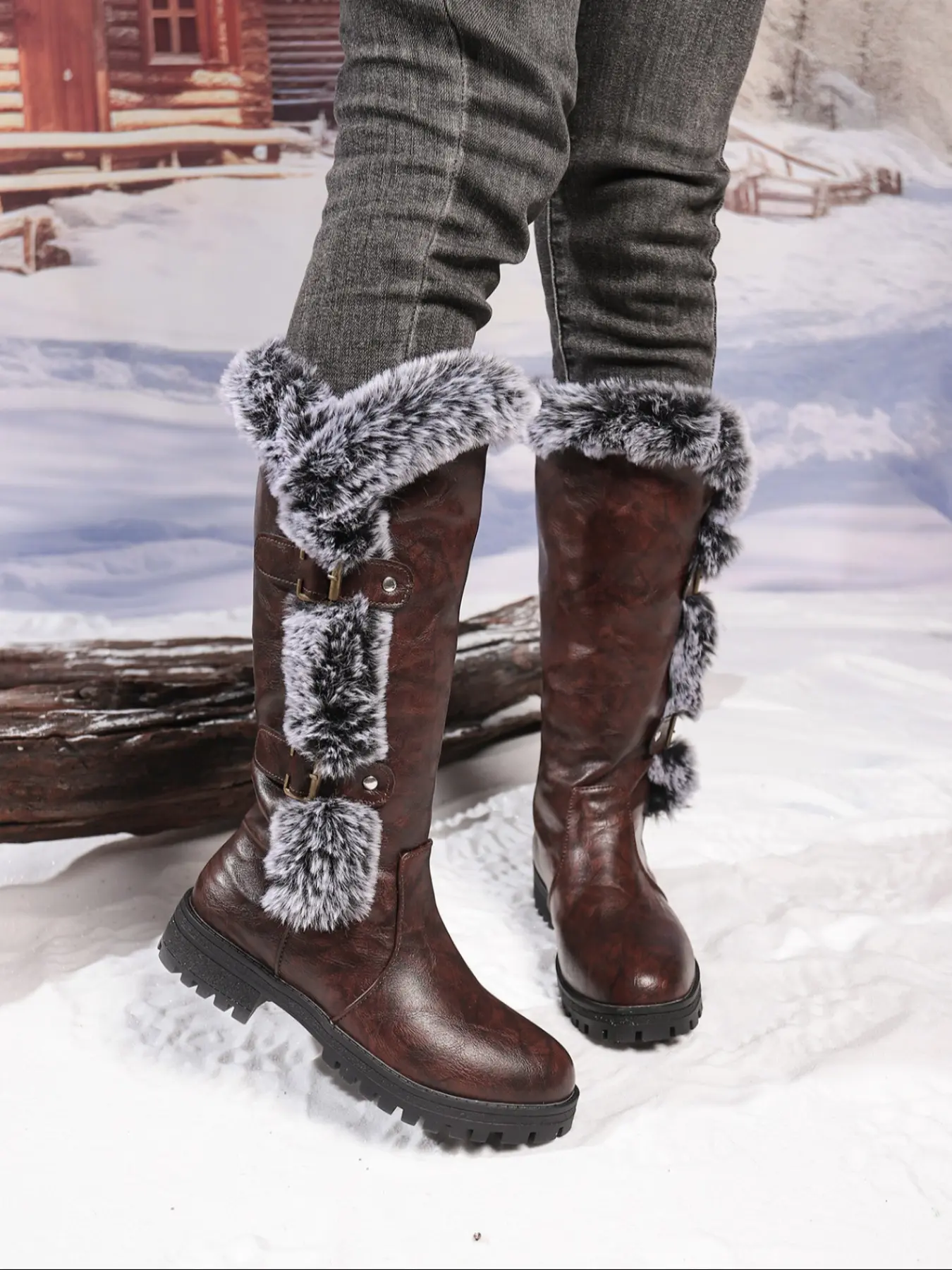 Women's Fleece Lined Snow Boots, Waterproof Buckle Design, Mid-Calf Height, Outdoor Winter Activities, Deep Pattern Rubber Sole, Fluffy Snow Boots, Warm Boots