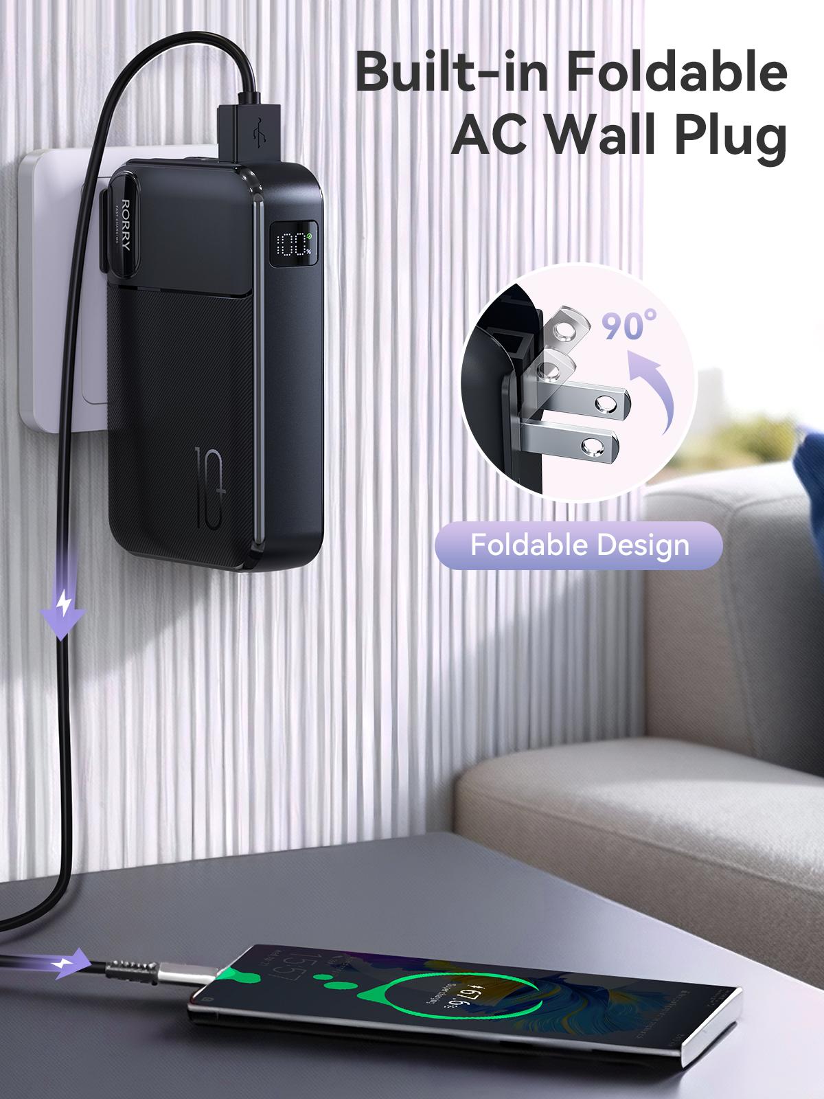 RORRY 10000mAh Portable Charger with Built-in Cables & AC Wall Plug 22.5W Fast Charging for iPhone Samsung Galaxy LG iPad Lightweight Power Bank Smartphone Compact Battery Packs Foldable