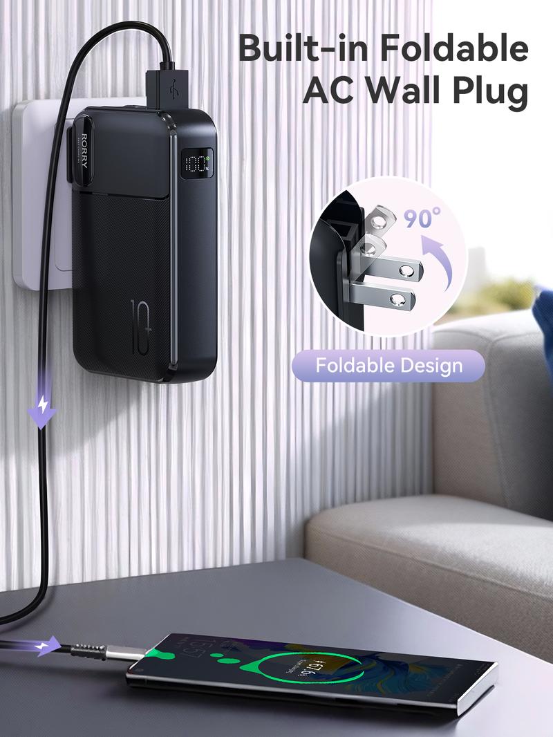 RORRY 10000mAh Portable Charger with Built-in Cables & AC Wall Plug 22.5W Fast Charging for iPhone Samsung Galaxy LG iPad Lightweight Power Bank Smartphone Compact Battery Packs Foldable   valentinesdaygiftideas