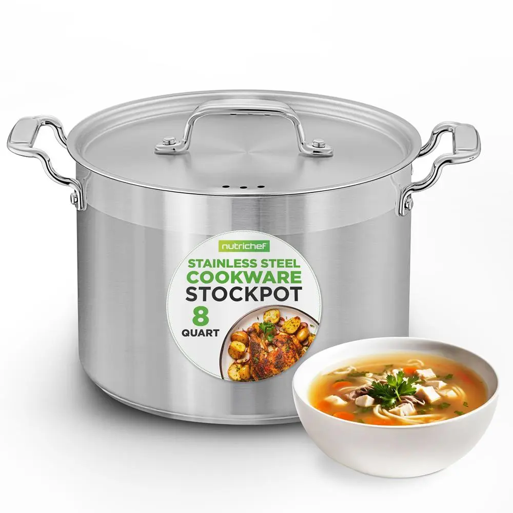 8 Qt Stainless Steel Stockpot with Lid | Heavy-Duty Induction Compatible Cooking Pot with Even Heat Base & Riveted Handles – For Gas, Ceramic & Glass Cooktops ,Ideal for Soups and Stews