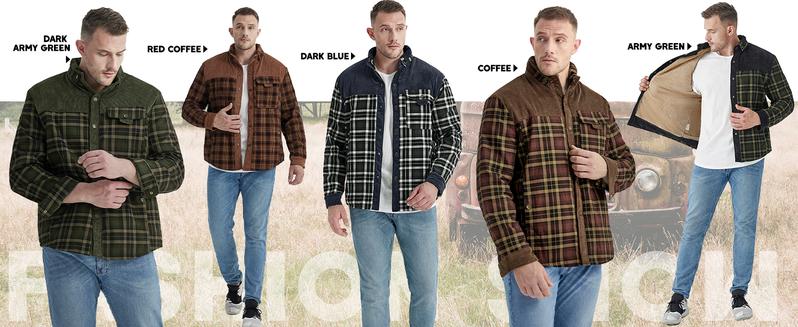Men's Medium Size Fleece Lined Sherpa Plaid Shirt Jacket Outdoor Warm Coats with Snap Button Front Closure & Pockets Armygreen & Cozy Brown Flannel Outerwear Classic Menswear Soft Plaid Design Stylish Patchwork Casual Tops Checked Long Sleeve