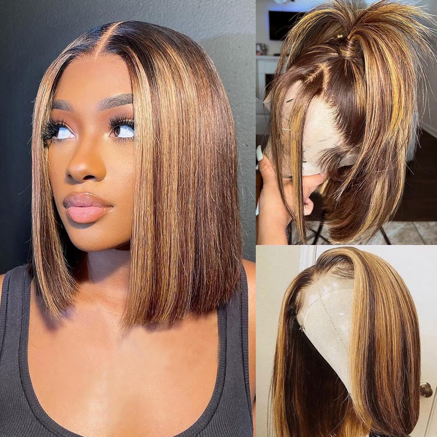 Human Hair Wigs  4/27 Honey Blonde Highlight Ombre Bob Wig Human Hair Highlight Ombre 4x4 HD Lace Front Pre Plucked 180 Density Short Bob Wigs for Women Glueless 10 Inch
