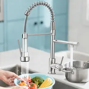 Kitchen Faucet with Pull Down Spray Stainless Steel Single Handle Dual outlet Commercial Kitchen Sink Faucet High Arc Spring Faucet 1Hole Deck Mount,Suitable for Farmhouse Camper Laundry Rv Bar