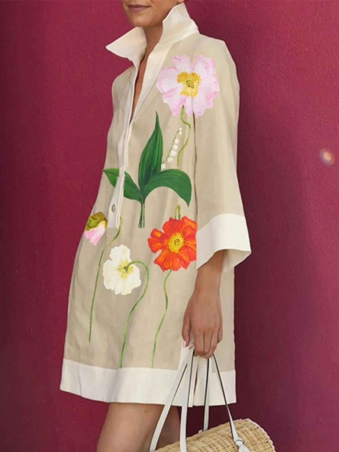 Women's Floral Print Loose Fit Casual Woven Dress, Elegant Chic Long Sleeve Dress, Ladies Summer Clothes for Holiday Vacation