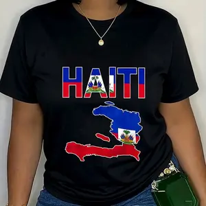 Haitian pride-themed short-sleeve T-shirt, women's summer breathable quick-dry sports casual top, trendy outfit with national flag elements