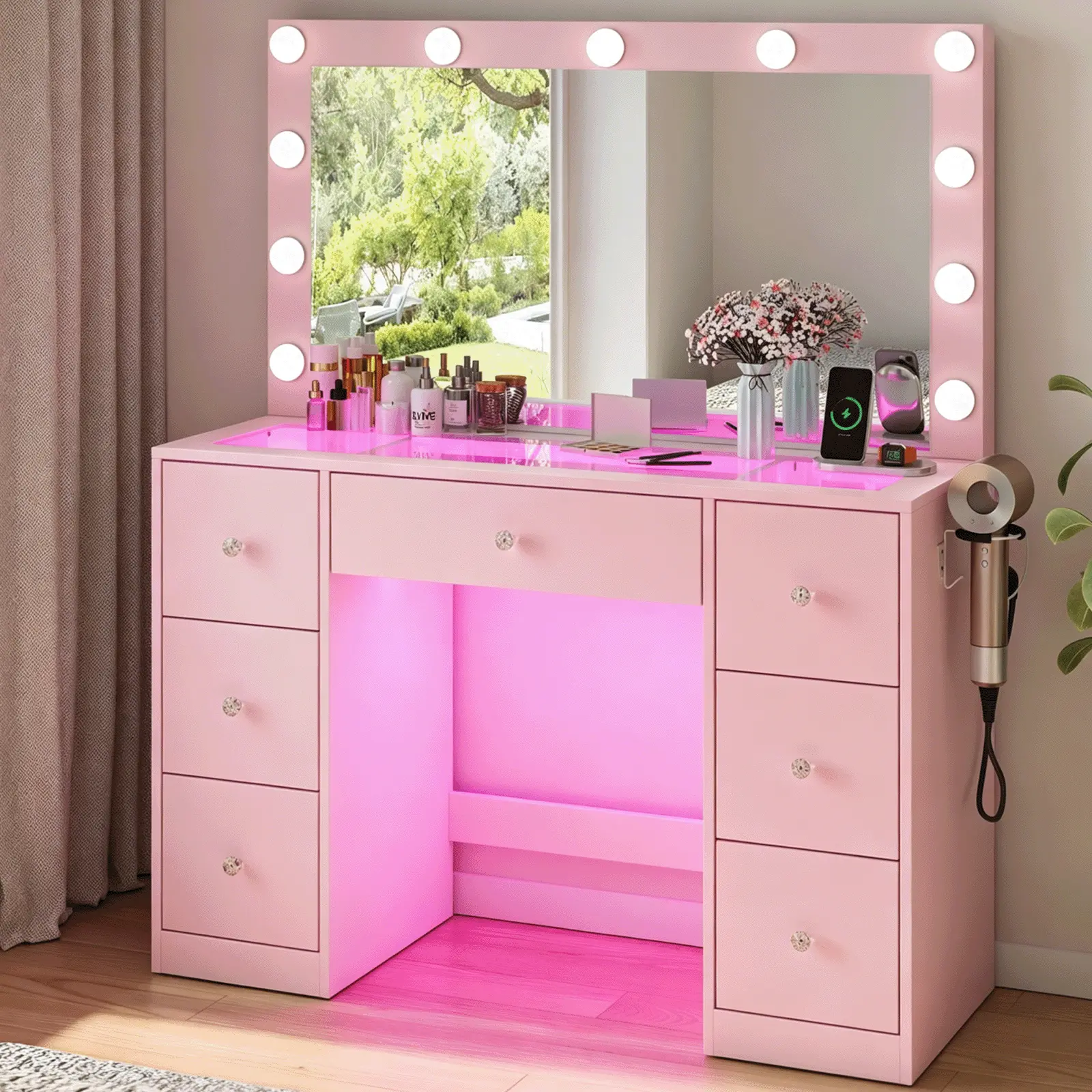 Vanity with Power Outlet and 11 Lights, Mirrored Dressing Table Equipped with 7 Drawers, White Finish Makeup Dresser & Storage Desk Suitable for Bedrooms and Dressing Rooms
