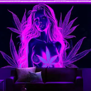 Tapestry Decor Bcsewcg Blacklight Tapestry - Purple Art Wall Hanging, Glow in the Dark for Adults Room Bedroom Dorm Decor