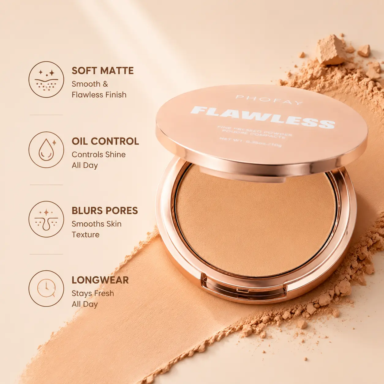 PHOFAY Oil-Control Pressed Setting Powder, Long-Lasting Matte Finish Compact with Blurring Effect for Oily & Combination Skin, Tint Setting Powder, Blurring Powder, Translucent Setting Powder