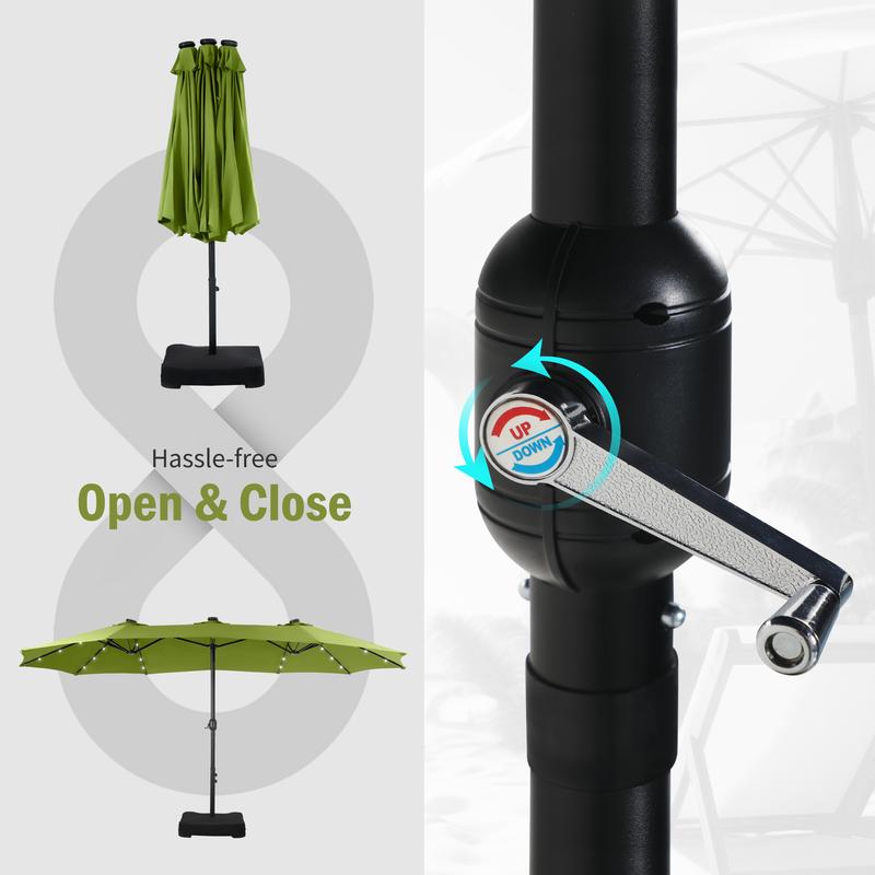 PHI VILLA Double-Sided Outdoor Patio Umbrella 15 ft Large with Crank, Steel Pole, Metal Frame, Includes Base, Easy to Clean, Solar LED Lights