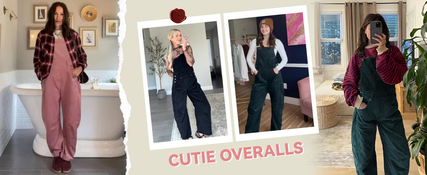 Tanming Corduroy Overalls for Women Barrel Wide Leg Bib Corduroy Pants Women Adjustable Romper Jumpsuit with Side Buttons and Pockets for Loose Fit Outfits