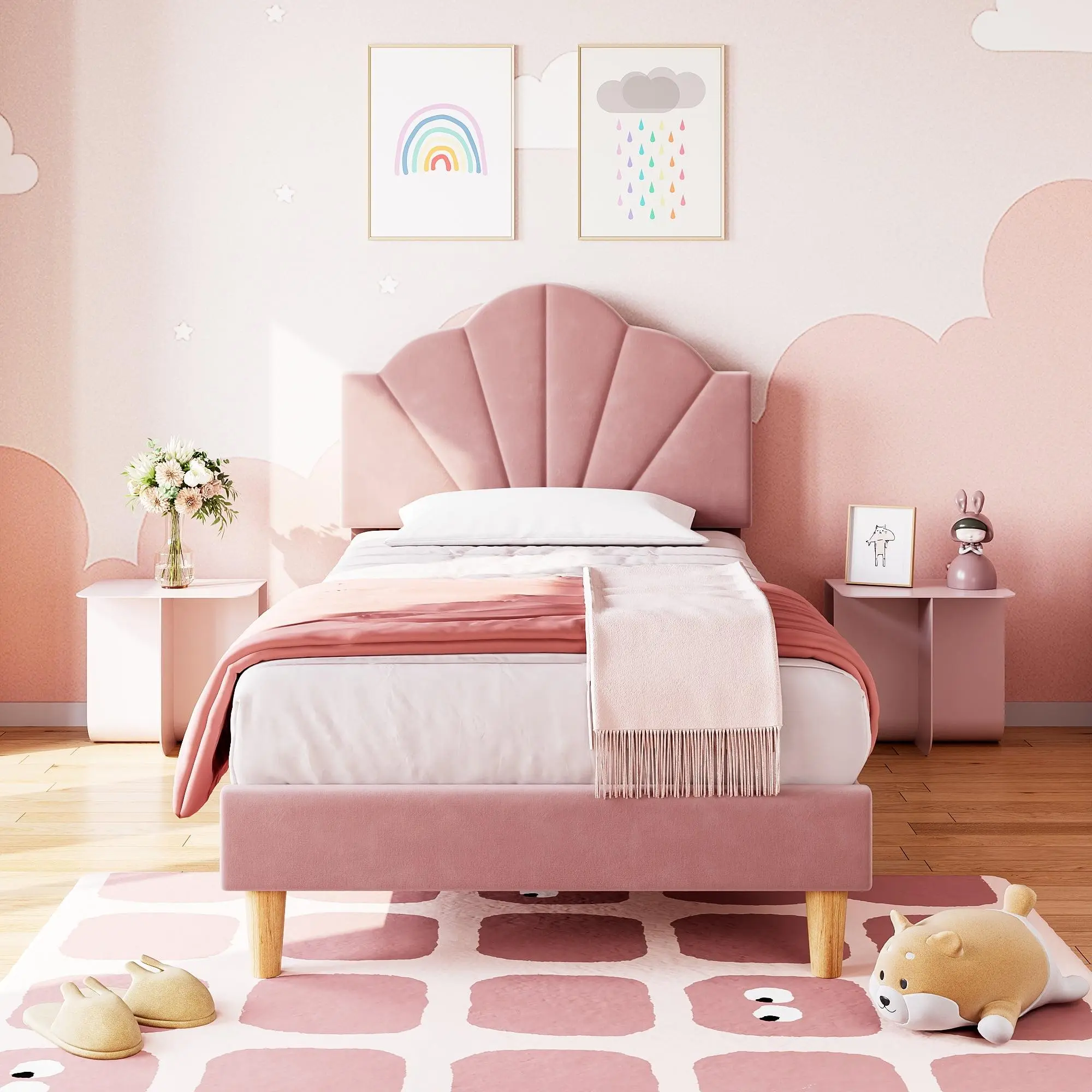 Gaomon Blush Pink Twin Size Elegant Modern Upholstered Bed Frame - Velvet, Adjustable Height Headboard, Stable Metal Frame, Wood Slat Support, 77.2"l x 40.7"w x 46.1"h, Quick Setup, Romantic, Bedroom Use, Instruction and Tools Included, Assembly Required