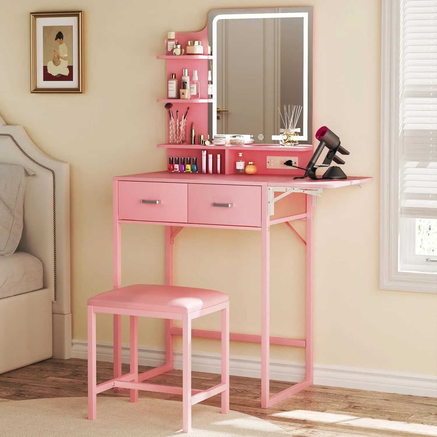 Makeup Vanity Desk with Mirror and Lights, Small Makeup Vanity with Fabric Storage Drawer & Chair & Shelves, Pink Vanity with Fold-up Panel and Power Outlet for Bedroom