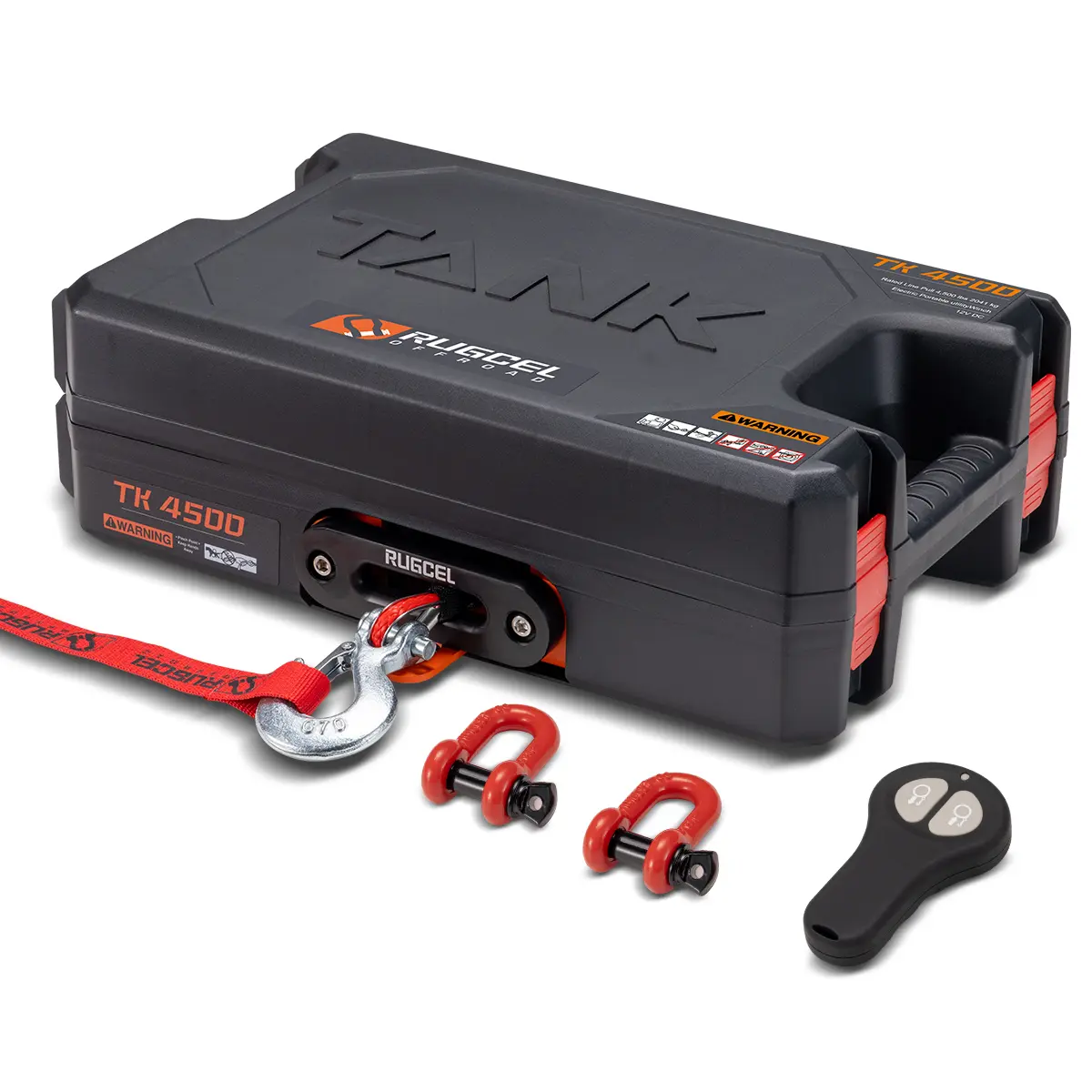 RUGCEL WINCH Portable Utility Winch 12V DC Electric 4500lb/2041kg Single Line Pull with Steel Mounting Plate, Integrated Hawse Fairlead and Synthetic Rope,Wireless and wired Remote