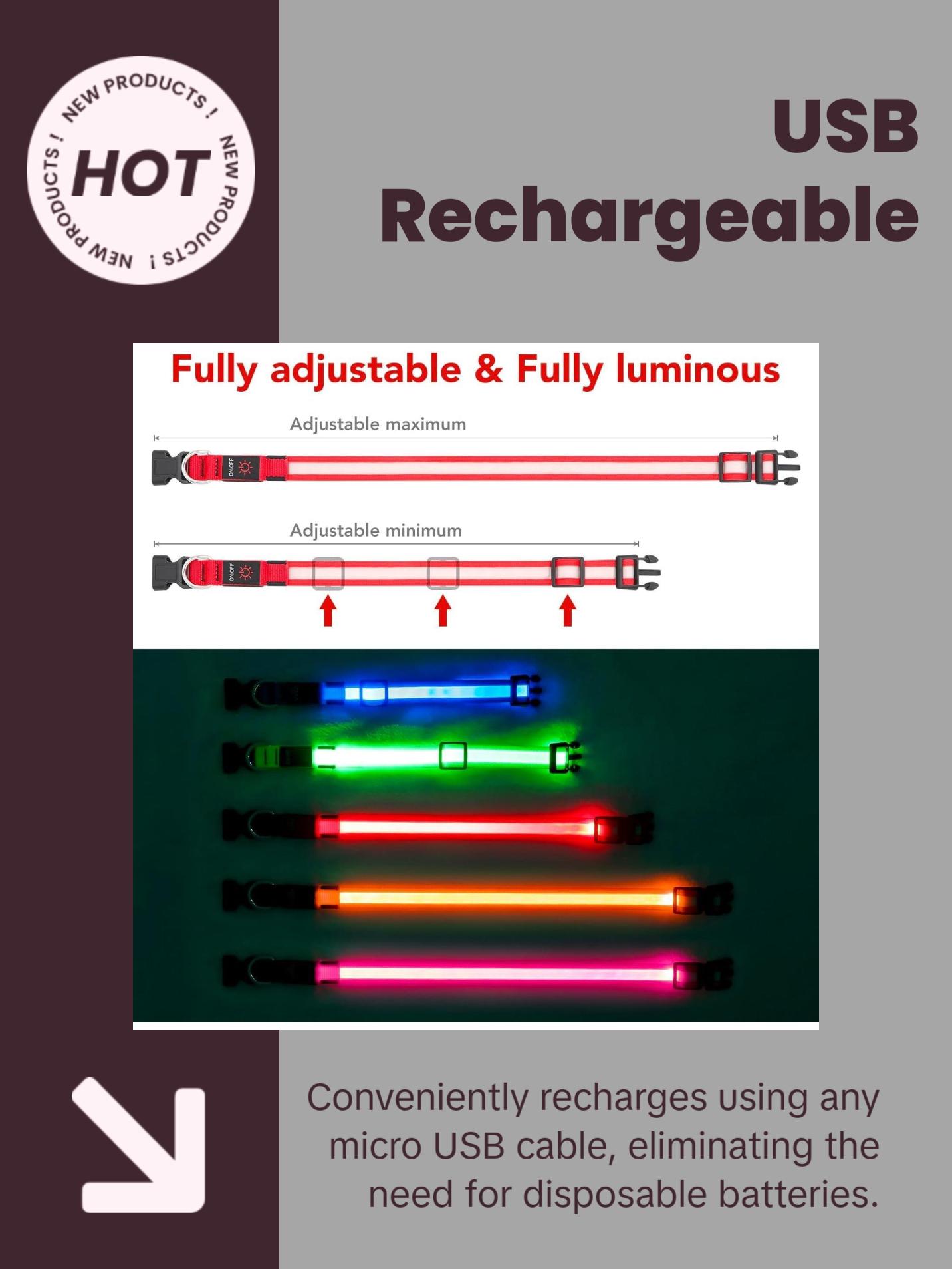 LED Dog Collar, Light up Dog Collar Adjustable USB Rechargeable Super Bright Safety Light Glowing Collars for Dogs