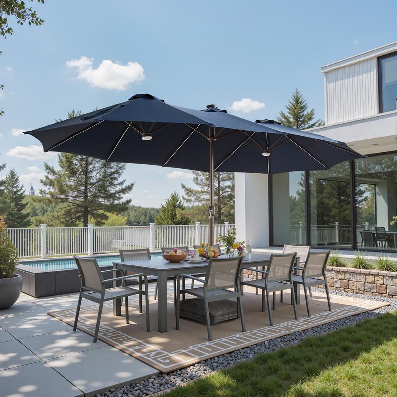 【Rainbow Lights & Base】Ovios 15ft Double-Sided Patio Umbrella with RGB Solar Lights, Outdoor Large Umbrellas with Crank Handle and 36 LED Lights, Rectangular Market Umbrella with Base Included for Deck Pool Shade