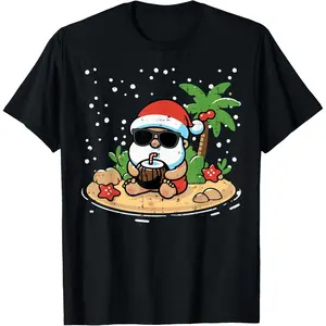 1 Piece Christmas Santa Beach Tropical Hawaii T-Shirt | 100% Cotton, Beach+Christmas Elements, Vacation Style | Christmas Travel/Beach Parties, All Ages | Lightweight, Breathable, Washable, Shape-Retaining, Strong Vacation Vibe
