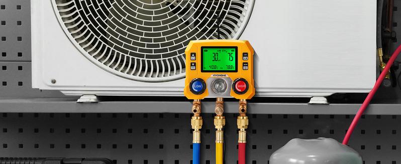 VIVOHOME Digital HVAC Manifold Gauge Set with R134a R1234yf Quick Couplers and Can Taps, Refrigeration Car AC Gauges with 3 Hoses for R134a R410a R32 R1234yf R454B Refrigerant Recharge Kit Air Conditioning Portable Automotive diagnostic tool