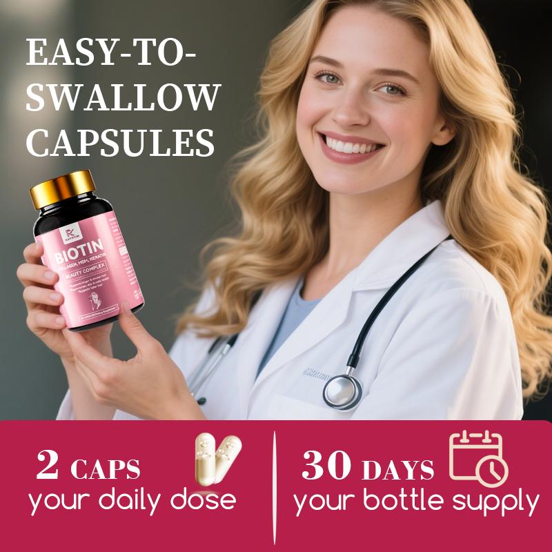 Stronger, Fuller Hair & Scalp support, High Potency Biotin 10,000mcg with collagen,MSM & Keratin, Promotes Thicker, Healthier Hair, Strong Nails & Glowing skin, Hair Growth Vitamins, 60 Capsules