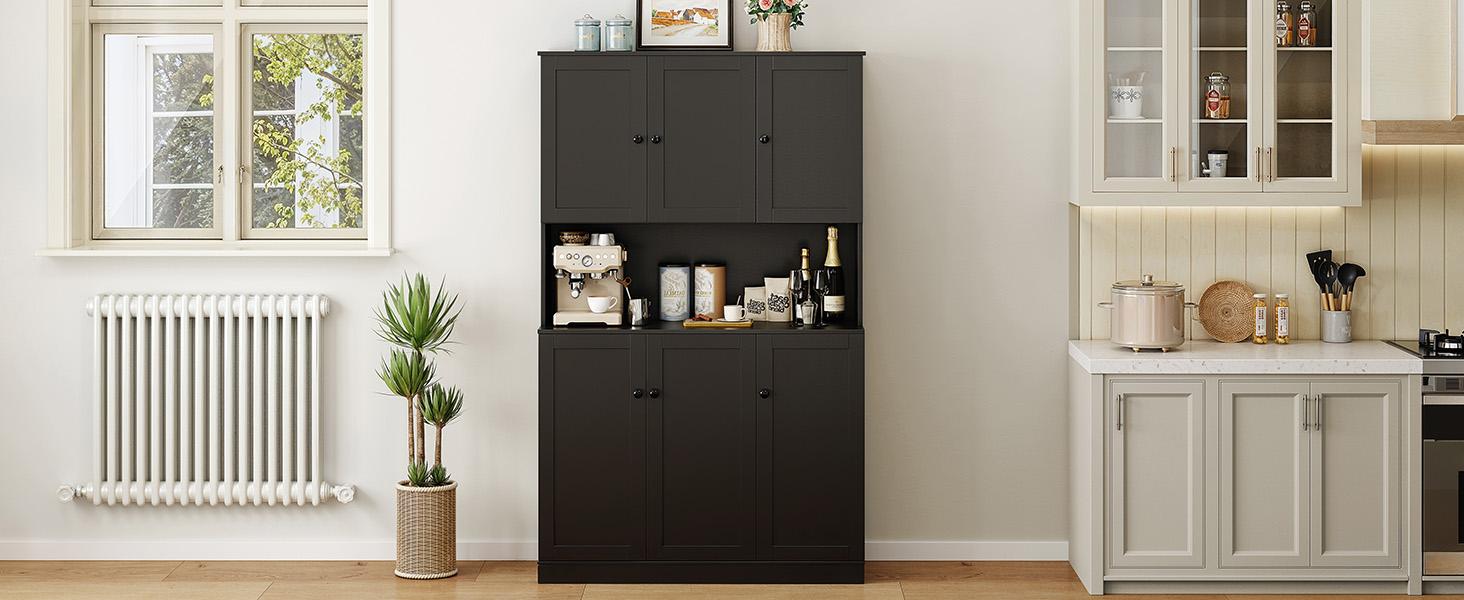 【SPOTLIGHT DAY】ONBRILL 71" Tall Kitchen Pantry Storage Cabinet with Microwave Stand & Door Shelf, Freestanding Kitchen Hutch with 6 Doors and Adjustable Shelves, Modern Food Pantry for Kitchen, Dining Room