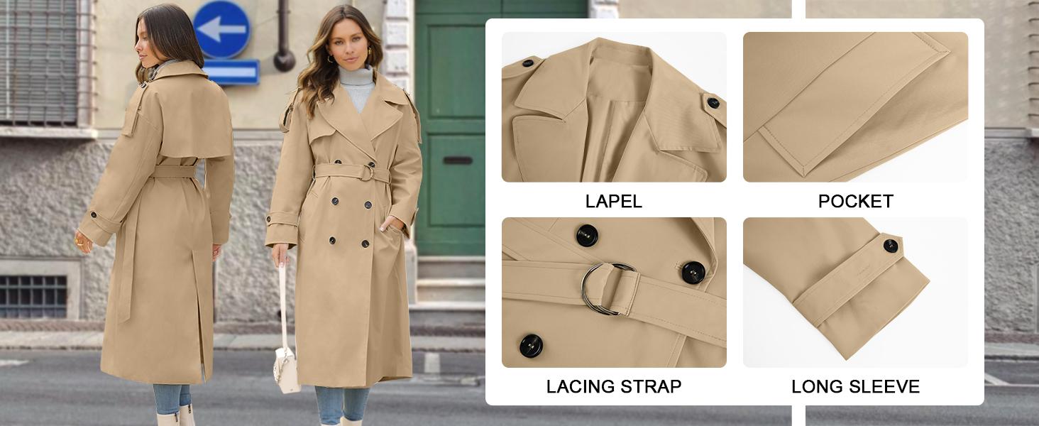 【Spring Outfits】TANKANEO Womens Oversized Long/Short Trench Coat Long Sleeve Relaxed Double Breasted Lapel Windproof Overcoat with Belt Jacket Fashion Outerwear Teacher Work Office Outlook Womenswear  Casual Elegant Style
