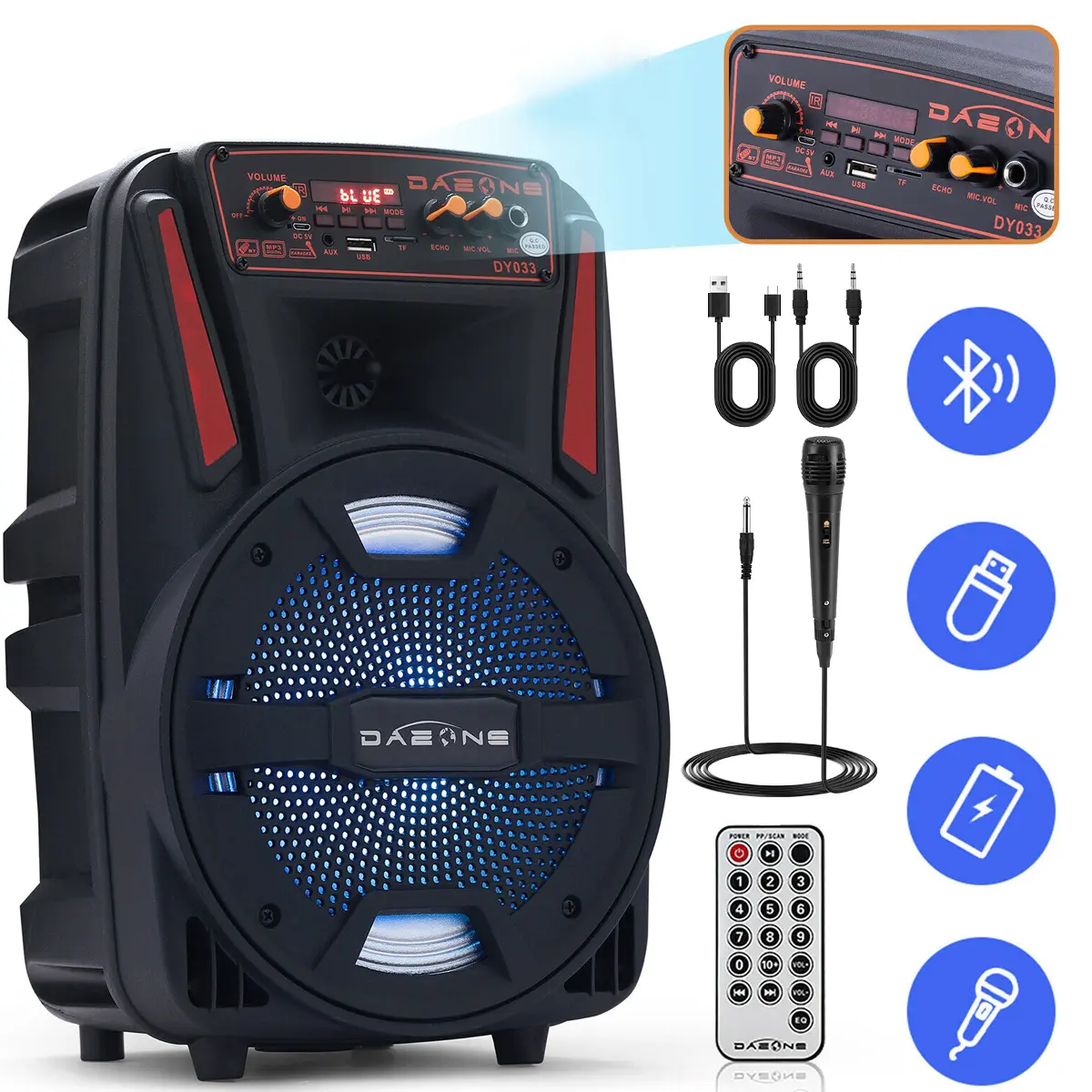 Dazone Bluetooth Party Speaker with Deep 8" Bass, ABS Shell, BT Stereo, Rechargeable Battery, Microphone, Remote, FM Radio, AUX Jack, MicroSD Slot, USB Input, Smartphone Compatible, for Home, Outdoor Use