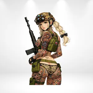 Sexy Tactical Girl Vinyl Sticker, Tattooed Military Pin Up Decal, Gun Girl Helmet Art, Camo Bikini Anime Style Waterproof Laptop Car Sticker