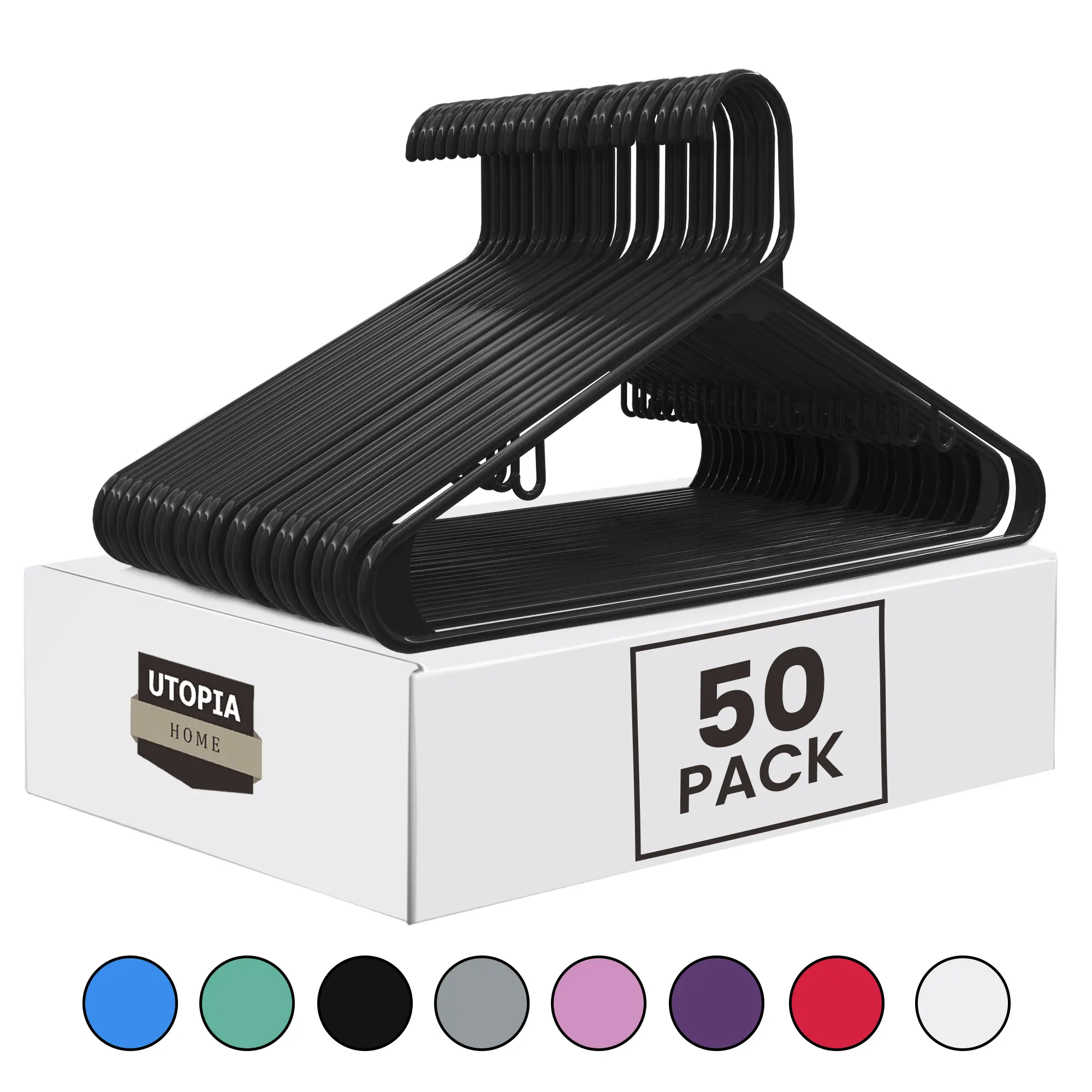 Utopia Home Black 50-Pack Durable Plastic Hangers with Hook Attachments - Garment Organizer for Wardrobe Closet Space-Saving Storage, 50 Pieces Plastic Hangers & Pegs (White 100-Pack Option Available)
