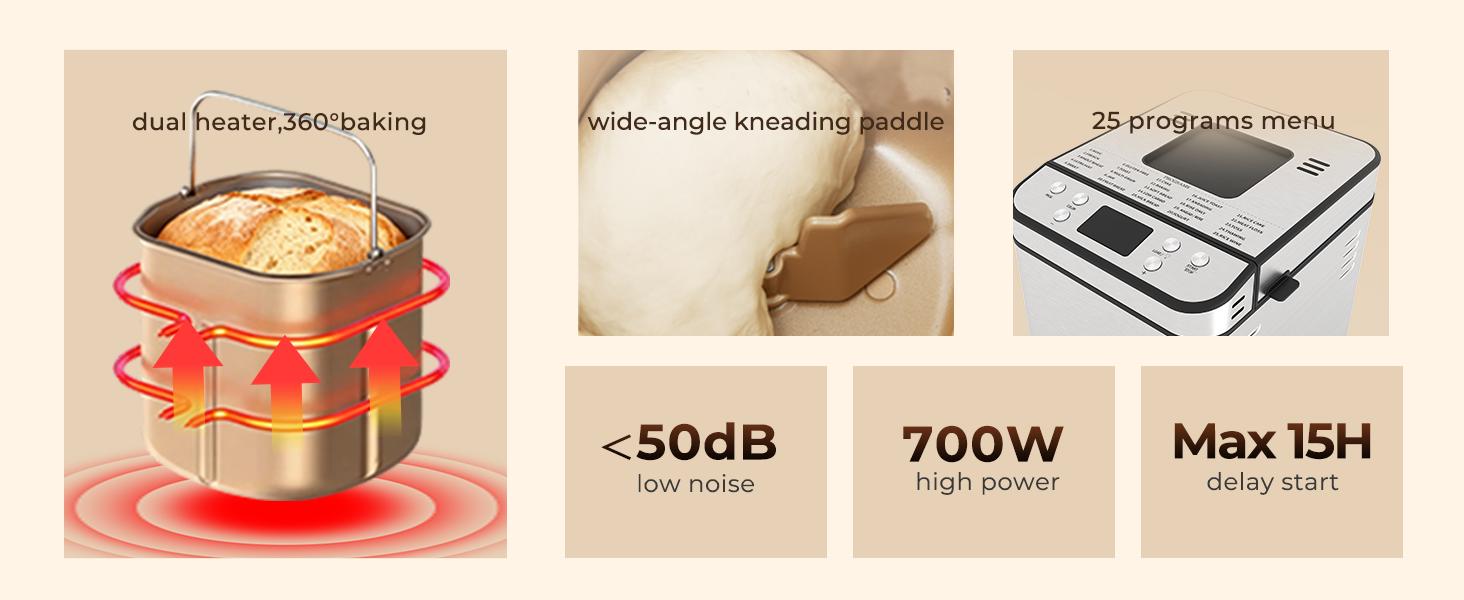 Rosewill 25-in-1 Automatic Bread Maker Machine with 3 Loaf Size up to 2LB, 700W High Power Dual Heater Bread Maker with BPA-free Nonstick Coating Pan, Max 15 Hours Delay Timer, Low Noise - Silver