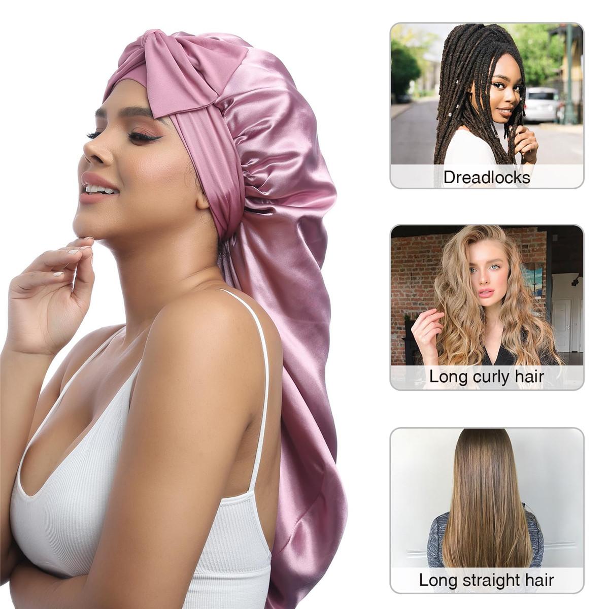 Long Double Layer Satin Bonnet for Women Elastic Silk Like Texture Bonnet for Braids Curly Hair Sleeping Sleep Cap Hair Bonnets Nightcap with Tie Band Long Double Layer Satin Bonnet for Women Elastic Silk Like Texture Bonnet for Braids Curly Hair Sleeping Sleep Cap Hair Bonnets Nightcap with Tie Band