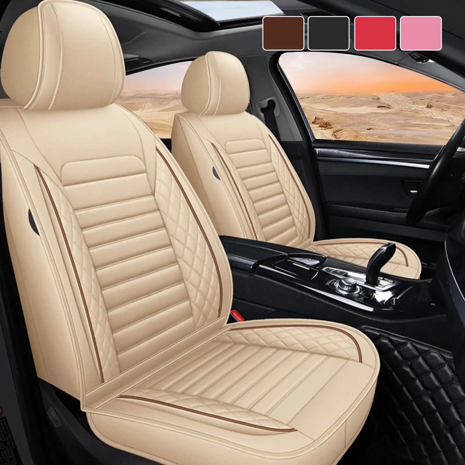 OTOEZ Luxury Waterproof PU Leather 5-PCS Full Set Car Seat Covers with 2 Headrests, 2 Lumbar Support, Spill-Proof, Girly Car Accessories, Accessories For Car