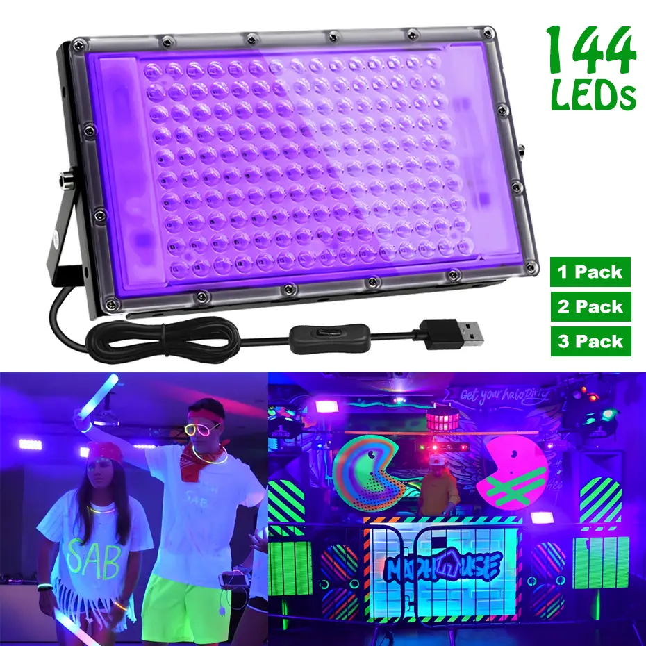 1/2/3 Pack 144 LEDs Black Light, UV Blacklight Flood Lamp with USB Plug, DC 5V, for Halloween Party Night Light, Stage Lighting, Aquarium, Body Paint, Fluorescent Posters, Neon Glow, 385-400nm Waterproof Deck, Black Led Lights, Neon Lights Aesthetic