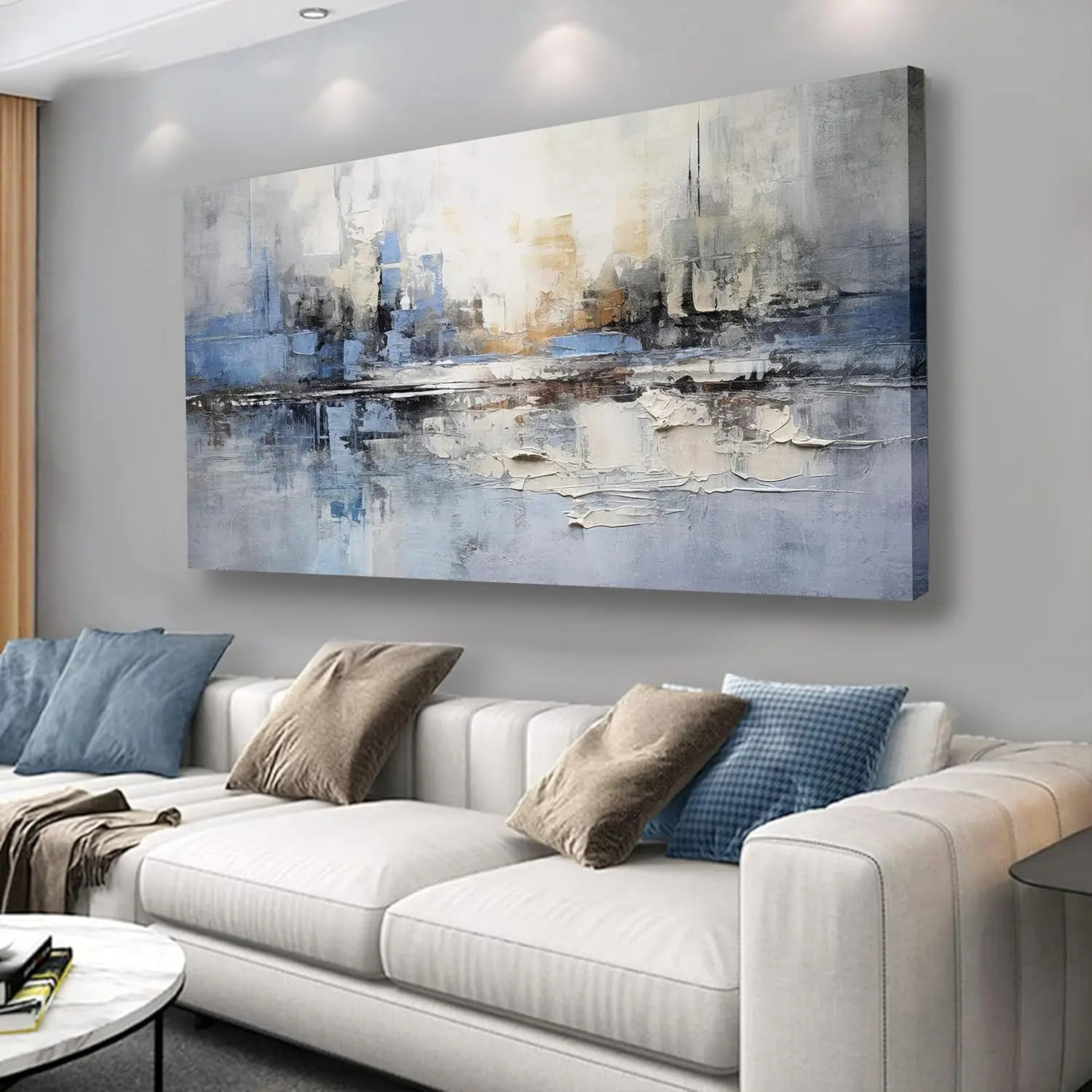 Framed Abstract Wall Art Wall Decor Blue and Gray White Modern Canvas Wall Paintings Abstract Artwork for Living Room Bedroom Bathroom Office Home Decor Can Be Hung Directly 32L"x16W"