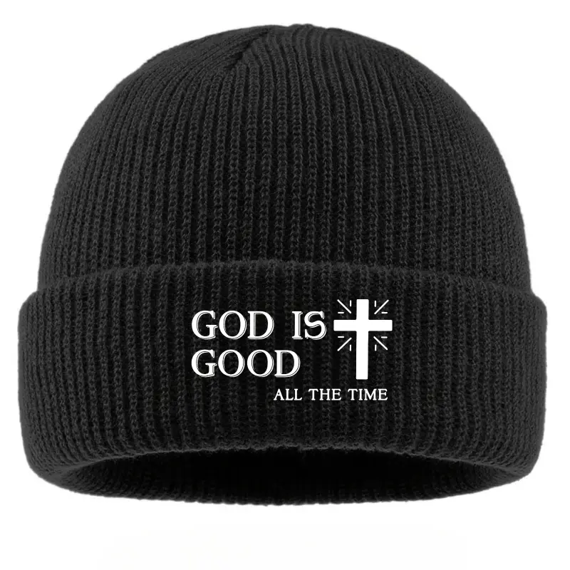 Unisex Casual Christian Acrylic Knit Beanie Hat - "God is Good" Cross Graphic, Warm Skullies for Cold Weather, 1 Size Religious Faith-Based Gift, Fashion Clothes Accessory