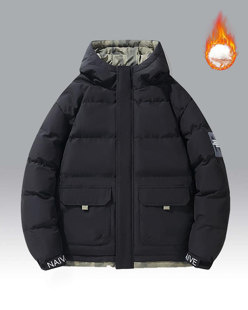 Men's Lightweight Puffy Hoodie – A thick, warm cotton jacket; features a drawstring hood, hook-and-loop fasteners, and a zippered front closure; perfect for various occasions such as commuting to work or going out on the weekend; an essential versatile pi