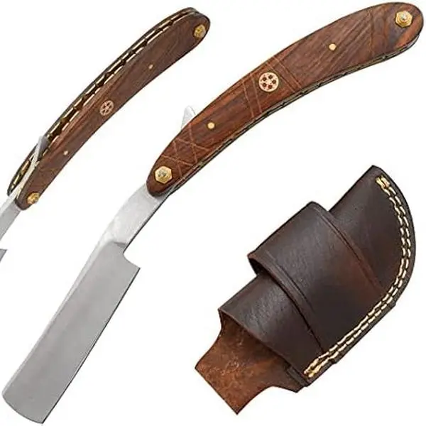 Old Ram Handmade Straight Razor with 3" J2 Steel Blade, 9.5" Manual Shaving Kit with Red Wood & Bone Mosaic Pin Handle, Includes Leather Strop and Sheath, Shaving Tool, Razor Handle Shaving Tool Sets