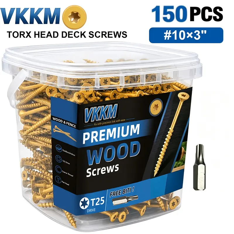 VKKM # 10 * 3 "150 Hexagonal Drive Wood Screw Set, Comes with T25 Screwdriver Head, High Strength Carbon Steel Screws for Woodworking, Furniture, and Wood Decoration