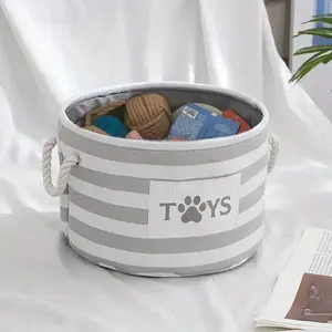 Striped Foldable Pet Toy Basket with Woven Rope Handle, Dog Toy Storage Box for Accessories and Supplies, Collapsible Storage Baskets