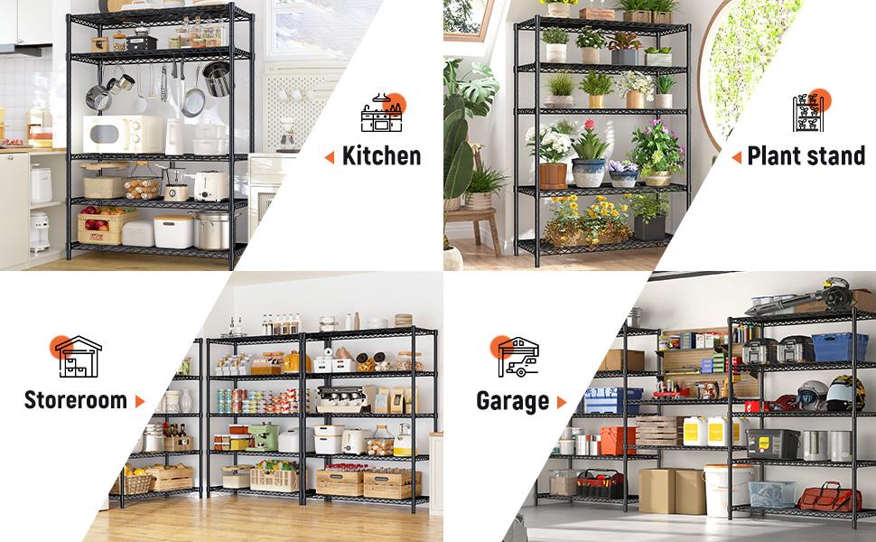 【Storage essentials】Raybee 5-Tier 71‘’H Garage Shelving,Adjustable Metal Wire Storage Shelves Units for Laundry,Kitchen,Pantry Organizer & Closet Rack,Bookshelves & Kitchen storage shelves,Space-saving shelves,Essential for homemakers and parents,Black