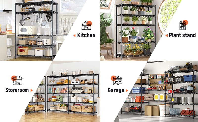 【Storage essentials】Raybee 5-Tier 71‘’H Garage Shelving,Adjustable Metal Wire Storage Shelves Units for Laundry,Kitchen,Pantry Organizer & Closet Rack,Bookshelves & Kitchen storage shelves,Space-saving shelves,Essential for homemakers and parents,Black